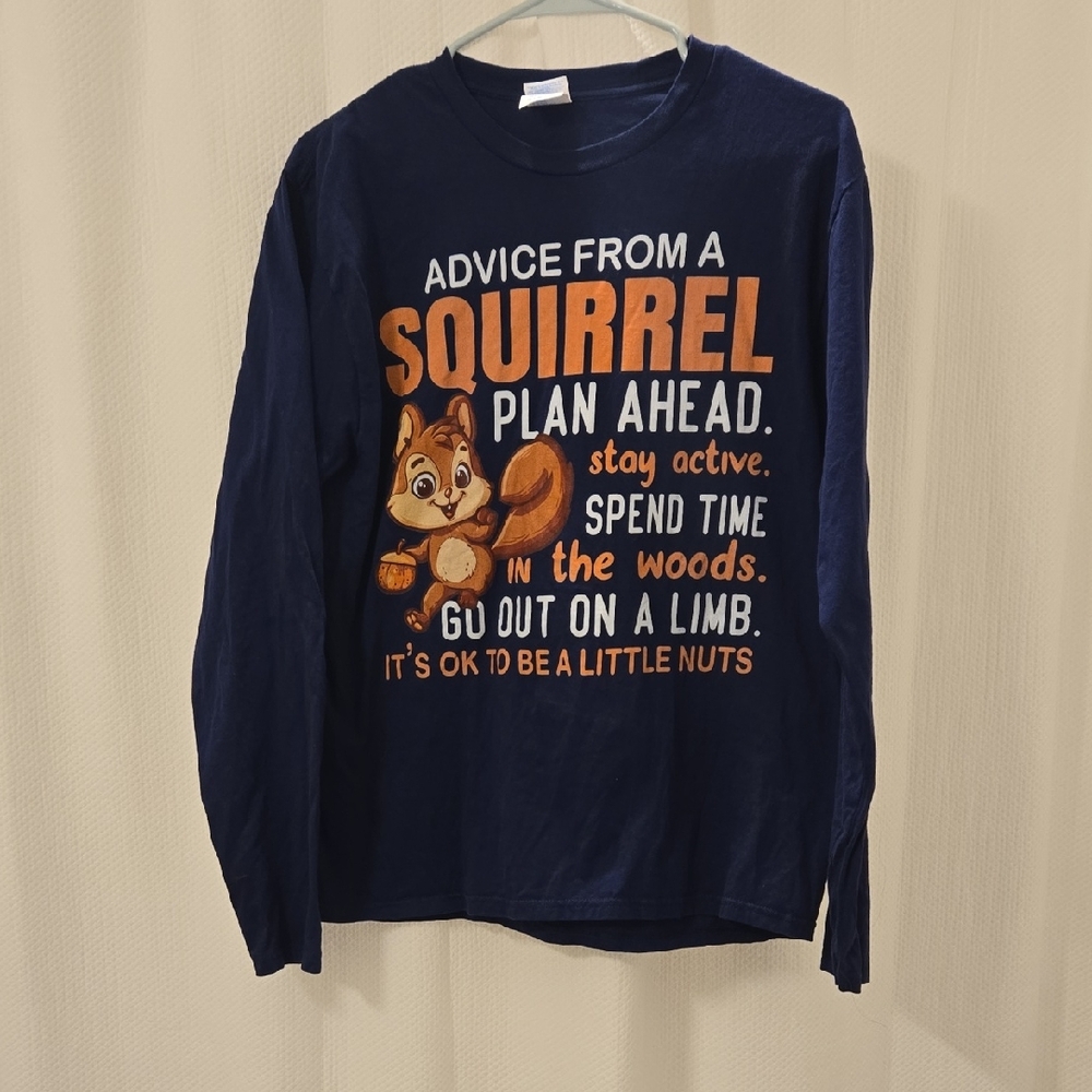 NWOT Port and Company 100% Cotton  Navy Long Sleeve Tee with Squirrel Print